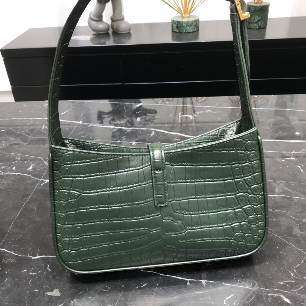 Saint Laurent LE 5 A 7 Crocodile Embossed Calfskin Shoulder Bag Handbag Army Green 657228 